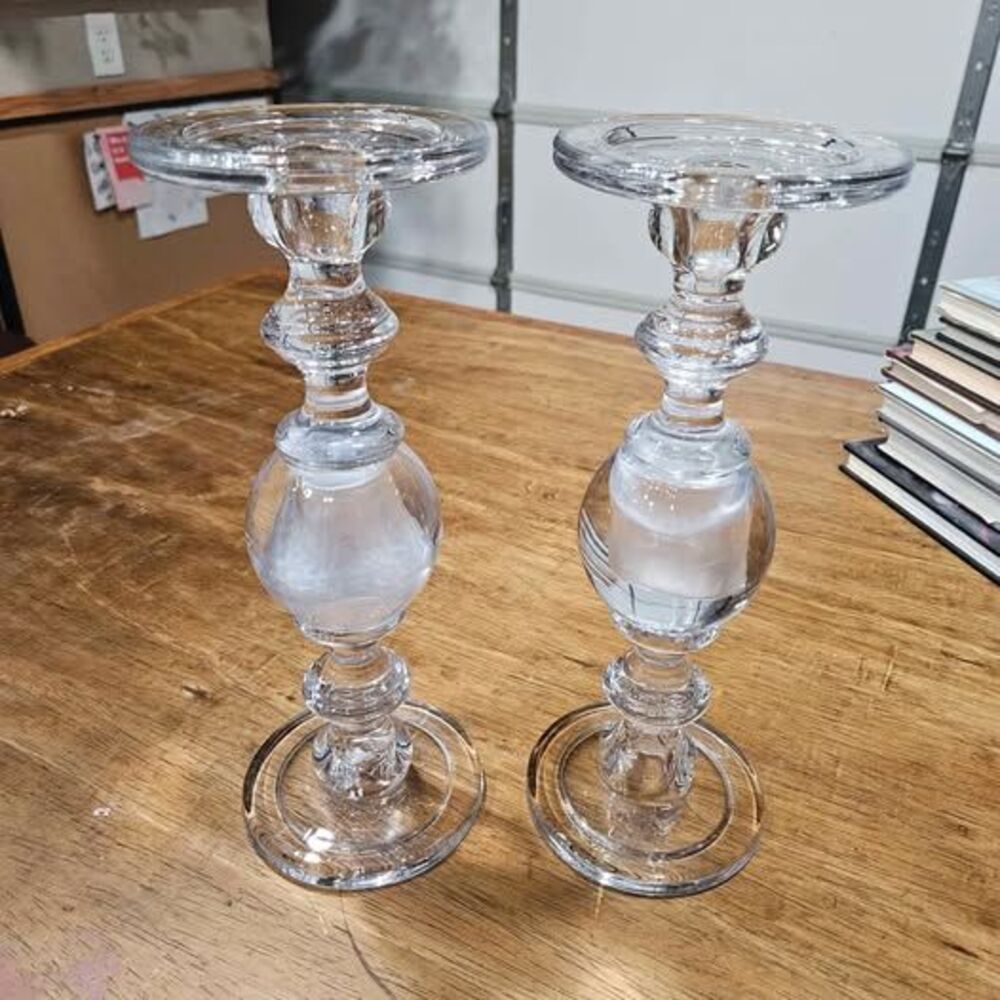 Pair tall clear glass decorative candle holders